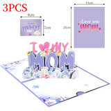 3-Pack - Mother's Day “MOM” Flower 3D Pop-Up Card, Creative Paper Craft Thank You Greeting Card - Light Purple