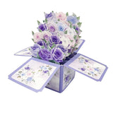 3PCS-Purple Rose Watercolor Box 3D Pop Up Card, Gentle Bouquet Pop-out Holiday Greeting Card