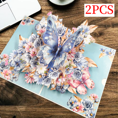 2PCS-Blue Floral Butterfly 3D Pop Up Card, Elegant Flower Butterfly All Occasion Greeting Card