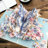 2PCS-Blue Floral Butterfly 3D Pop Up Card, Elegant Flower Butterfly All Occasion Greeting Card