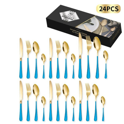 24-Piece Stainless Steel Tableware Set, Mirror-Polished Steak Knife, Fork, and Spoon Cutlery—Blue In Australia - Darrahopens