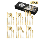 24-Piece Stainless Steel Tableware Set, Mirror-Polished Steak Knife, Fork, and Spoon Cutlery—Gold