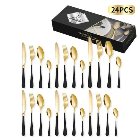 24-Piece Stainless Steel Tableware Set, Mirror-Polished Steak Knife, Fork, and Spoon Cutlery—Black and Gold In Australia - Darrahopens