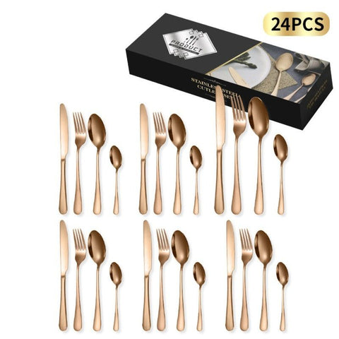 24-Piece Stainless Steel Tableware Set, Mirror-Polished Steak Knife, Fork, and Spoon Cutlery—Rose Gold