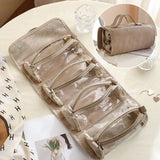 4-in-1 Travel Makeup Bag, Waterproof Foldable Large-Capacity Cosmetic Organizer, Hanging Wash Bag - Camel