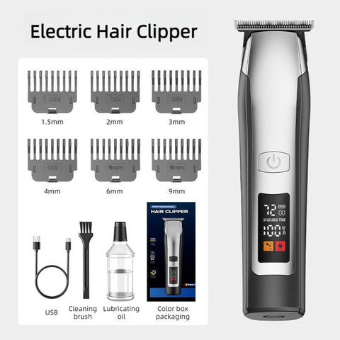 Smart Digital Display Hair Clipper, Rechargeable and Washable for Home and Barbershop Use—Black