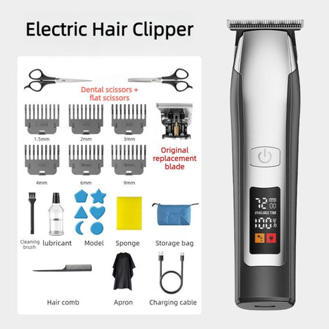 Smart Digital Display Hair Clipper Set, Multiple Attachments, Washable for Home and Barbershop Use—Black