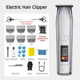Smart Digital Display Hair Clipper Set, Multiple Attachments, Washable for Home and Barbershop Use—Silver