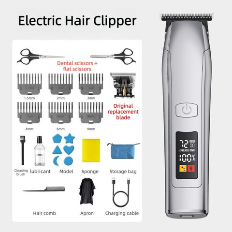 Smart Digital Display Hair Clipper Set, Multiple Attachments, Washable for Home and Barbershop Use—Silver