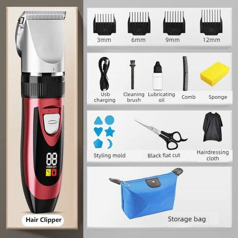 Digital Display Electric Hair Clipper, Rechargeable Hair Trimmer for Adults & Kids, Multiple Attachments—Red