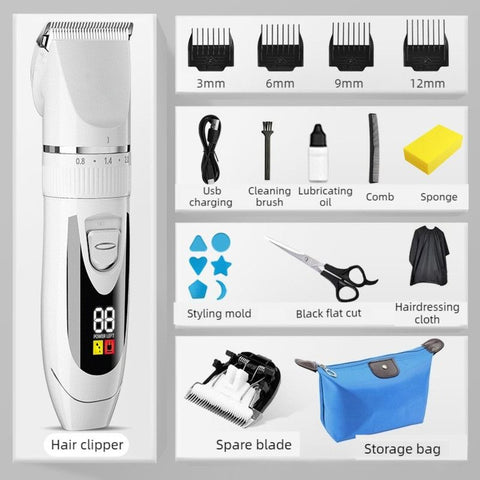 Digital Display Electric Hair Clipper, Rechargeable Hair Trimmer for Adults & Kids, Includes a Free Replacement Blade—White