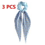 Printed Pleated Scarf Scrunchie, Elegant Long Ribbon Hair Tie for Women—Ponytail Hair Accessories (3-Pack)—Blue