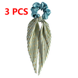 Printed Pleated Scarf Scrunchie, Elegant Long Ribbon Hair Tie for Women—Ponytail Hair Accessories (3-Pack)—Green