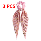 Printed Pleated Scarf Scrunchie, Elegant Long Ribbon Hair Tie for Women's Ponytail Hair Accessories (3 Pcs) - Pink