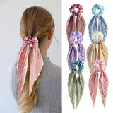 Printed Pleated Scarf Scrunchie, Elegant Long Ribbon Hair Tie for Women's Ponytail Hair Accessories (3 Pcs) - Pink