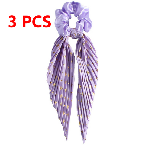 Printed Pleated Scarf Scrunchie, Elegant Long Ribbon Hair Tie for Women—Ponytail Hair Accessories (3-Pack)—Purple
