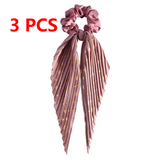 Printed Pleated Scarf Scrunchie, Elegant Long Ribbon Hair Tie for Women's Ponytail Hair Accessories (3 Pcs) - Red
