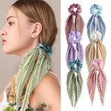Printed Pleated Scarf Scrunchie, Elegant Long Ribbon Hair Tie for Women—Ponytail Hair Accessories (3-Pack)—Yellow