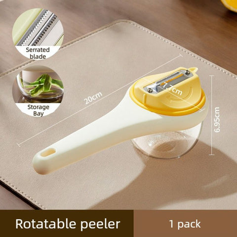 Rotatable Vegetable Peeler with Peel Storage Container, Anti-Splash Stainless Steel Peeling Tool—Yellow