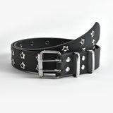 Punk Star Studded Waist Belt, Double Prong Eyelet Leather Belt for Jeans Goth Streetwear Outfit- black