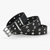 Punk Star Studded Waist Belt, Double Prong Eyelet Leather Belt for Jeans Goth Streetwear Outfit- black