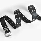 Punk Star Studded Waist Belt, Double Prong Eyelet Leather Belt for Jeans Goth Streetwear Outfit- black
