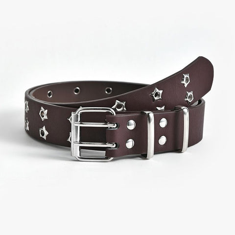 Punk Star Studded Waist Belt, Double Prong Eyelet Leather Belt for Jeans Goth Streetwear Outfit-coffee In Australia - Darrahopens