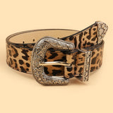 Leopard Print Western Engraved Buckle Belt, Retro Animal Print Waist Belt for Women Fashion Outfits-leopard brown