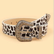 White Leopard Print Western Engraved Buckle Belt, Fashion Retro Animal Print Waist Belt for Ladies-milky white In Australia - Darrahopens