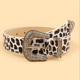 White Leopard Print Western Engraved Buckle Belt, Fashion Retro Animal Print Waist Belt for Ladies-milky white In Australia - Darrahopens