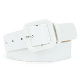 Women’s Square Buckle Leather Belt, Solid Color Simple Waist Belt for Dresses Jeans Trousers-white
