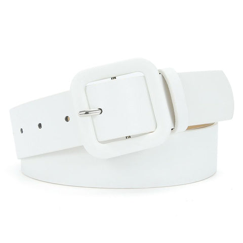 Women’s Square Buckle Leather Belt, Solid Color Simple Waist Belt for Dresses Jeans Trousers-white