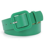 Women’s Square Buckle Leather Belt, Solid Color Simple Waist Belt for Dresses Jeans Trousers-green