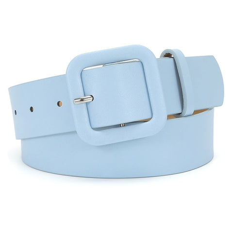 Women’s Square Buckle Leather Belt, Solid Color Simple Waist Belt for Dresses Jeans Trousers-sky blue