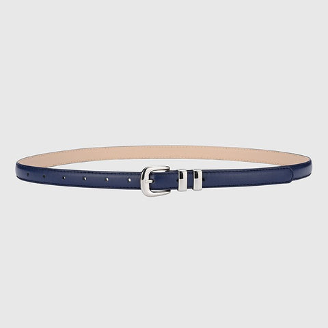 Thin Leather Waist Belt for Women, Slim Silver Pin Buckle Belt for Dresses Shirts Jeans-navy blue