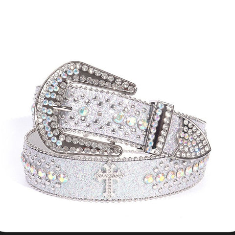 Y2K Bling Rhinestone Belt for Women Glitter Cross Studded Waist Strap Croc Texture Adjustable 105cm Dress Belt-White In Australia - Darrahopens
