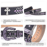 Y2K Bling Rhinestone Belt for Women Glitter Cross Studded Waist Strap Croc Texture Adjustable 135cm Dress Belt-Black-Purple
