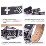 Y2K Bling Rhinestone Belt for Women Glitter Cross Studded Waist Strap Croc Texture Adjustable 135cm Dress Belt-Black-Purple
