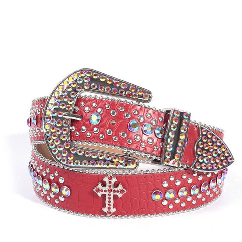 Y2K Bling Rhinestone Belt for Women Glitter Cross Studded Waist Strap Croc Texture Adjustable 105cm Dress Belt-Red In Australia - Darrahopens