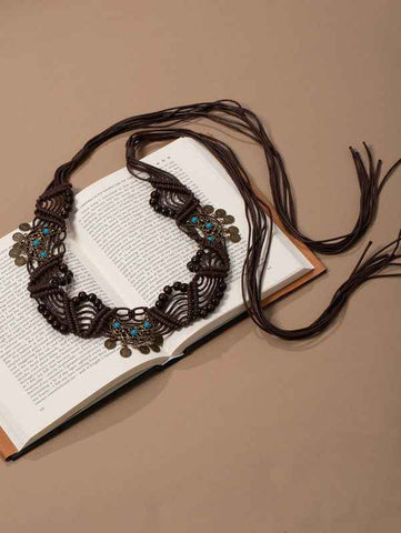 Boho Coin Turquoise Macrame Wide Waist Belt Hand Woven Fringe Drawstring Ethnic Dress Cincher Sash In Australia - Darrahopens