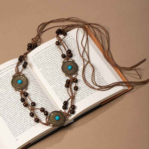 Vintage Turquoise Metal Disc Wooden Bead Macrame Waist Belt Adjustable Drawstring Boho Sash for Women Dresses In Australia - Darrahopens