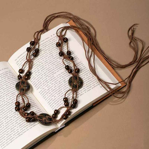 Ethnic Coin Wooden Bead Knotted Waist Belt Adjustable Drawstring Thin Boho Sash for Casual Dresses In Australia - Darrahopens