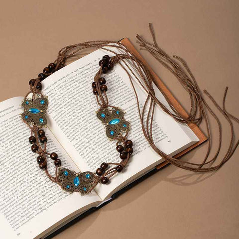Vintage Butterfly Turquoise Metal Wooden Bead Wide Macrame Waist Belt Adjustable Fringe Drawstring Ethnic Cincher In Australia - Darrahopens