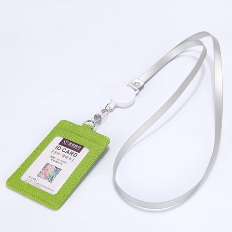Retractable ID Badge Holder with Lanyard, PU Leather Work Card Holder for Office Staff Nurse Teacher Student ID Card-Green