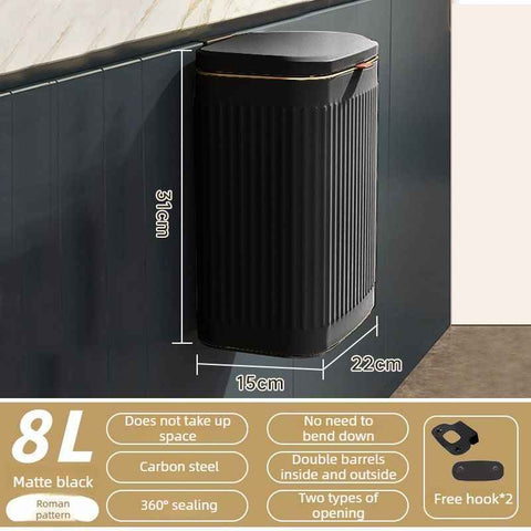 8L Wall Mounted Press Rubbish Bin, Slim Under Sink Hanging Waste Bin, Press Lid Trash Can for Kitchen Bathroom, Space Saving Cabinet Bin-Black