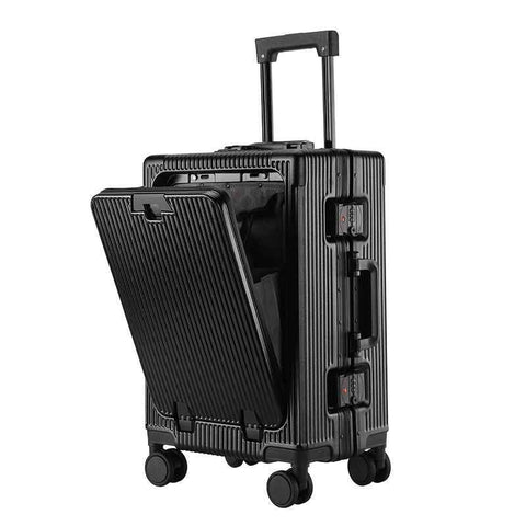20 Inch Front Opening Carry On Luggage, Aluminium Frame Hard Shell Suitcase with Spinner Wheels, TSA Lock Cabin Travel Case-Black In Australia - Darrahopens