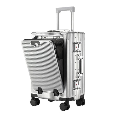 20 Inch Front Opening Carry On Luggage, Aluminium Frame Hard Shell Suitcase with Spinner Wheels, TSA Lock Cabin Travel Case-Light Gray