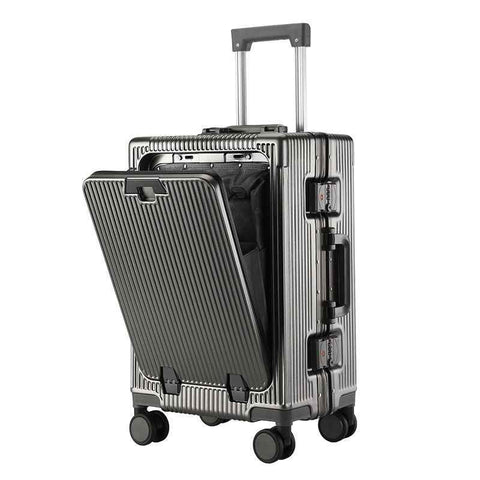 20 Inch Front Opening Carry On Luggage, Aluminium Frame Hard Shell Suitcase with Spinner Wheels, TSA Lock Cabin Travel Case-Dark Gray In Australia - Darrahopens