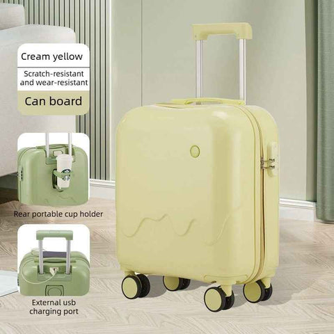 20 Inch Cute Carry On Suitcase, Hard Shell Cabin Luggage with USB Charging Port & Cup Holder, Lightweight Travel Trolley Case-Cream Yellow In Australia - Darrahopens