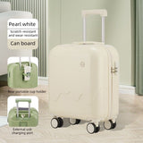 20 Inch Cute Carry On Suitcase, Hard Shell Cabin Luggage with USB Charging Port & Cup Holder, Lightweight Travel Trolley Case-Pearl White